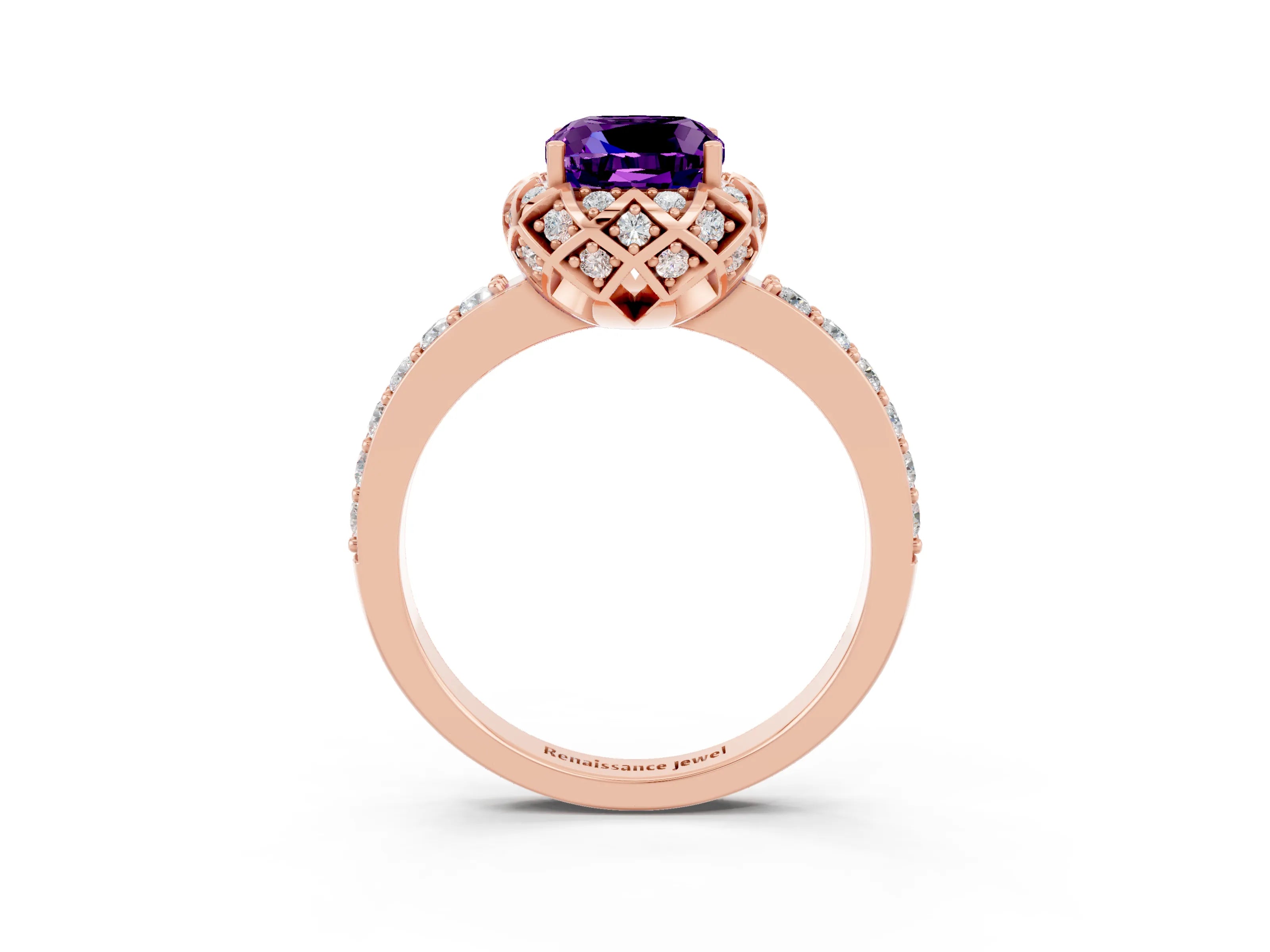 Rose gold Cushion Cut Diamond Solitaire Ring with Shared Prong Pavé Band_3