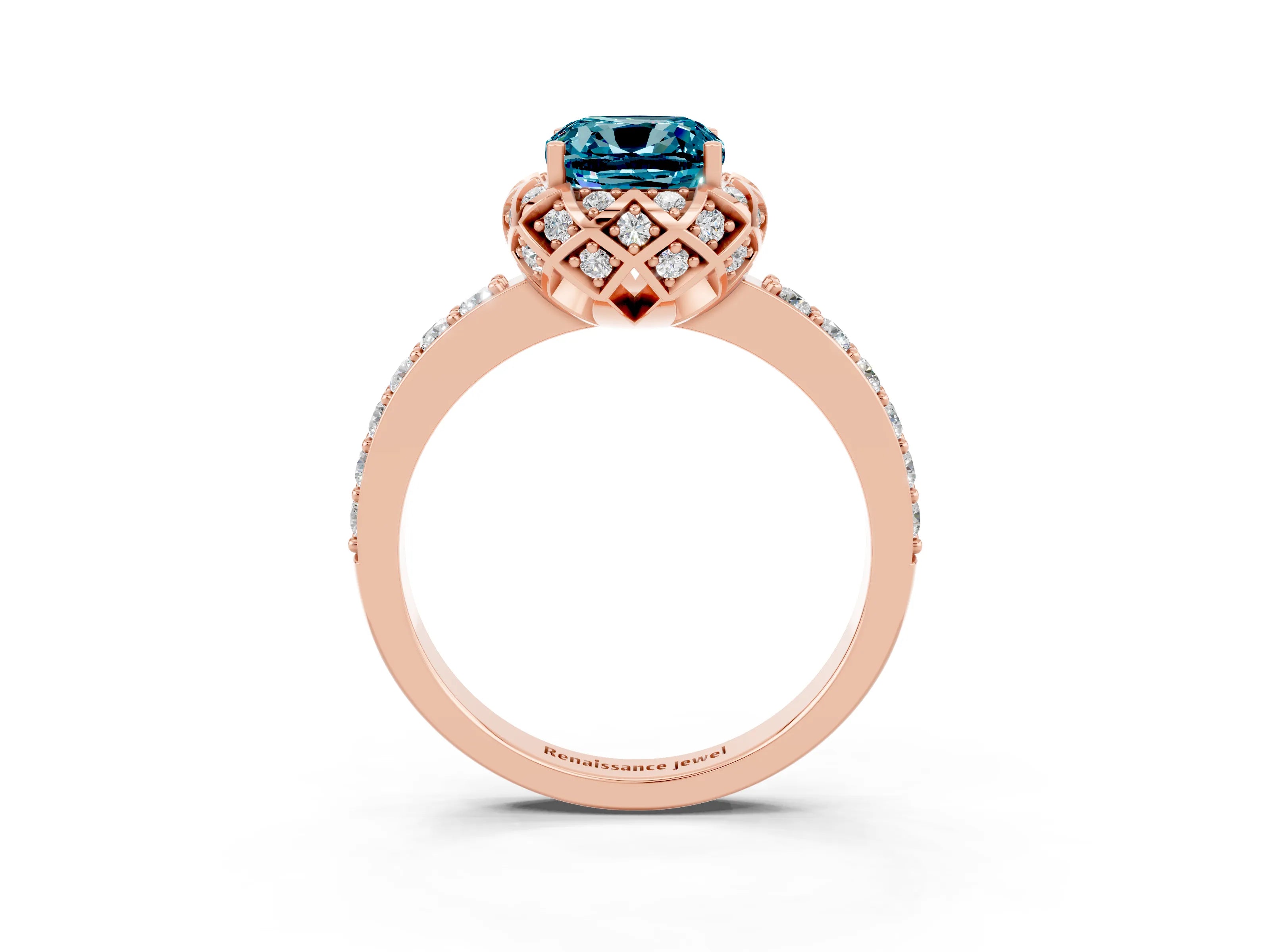 Rose gold Cushion Cut Diamond Solitaire Ring with Shared Prong Pavé Band_3