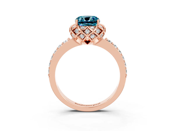 Rose gold Cushion Cut Diamond Solitaire Ring with Shared Prong Pavé Band