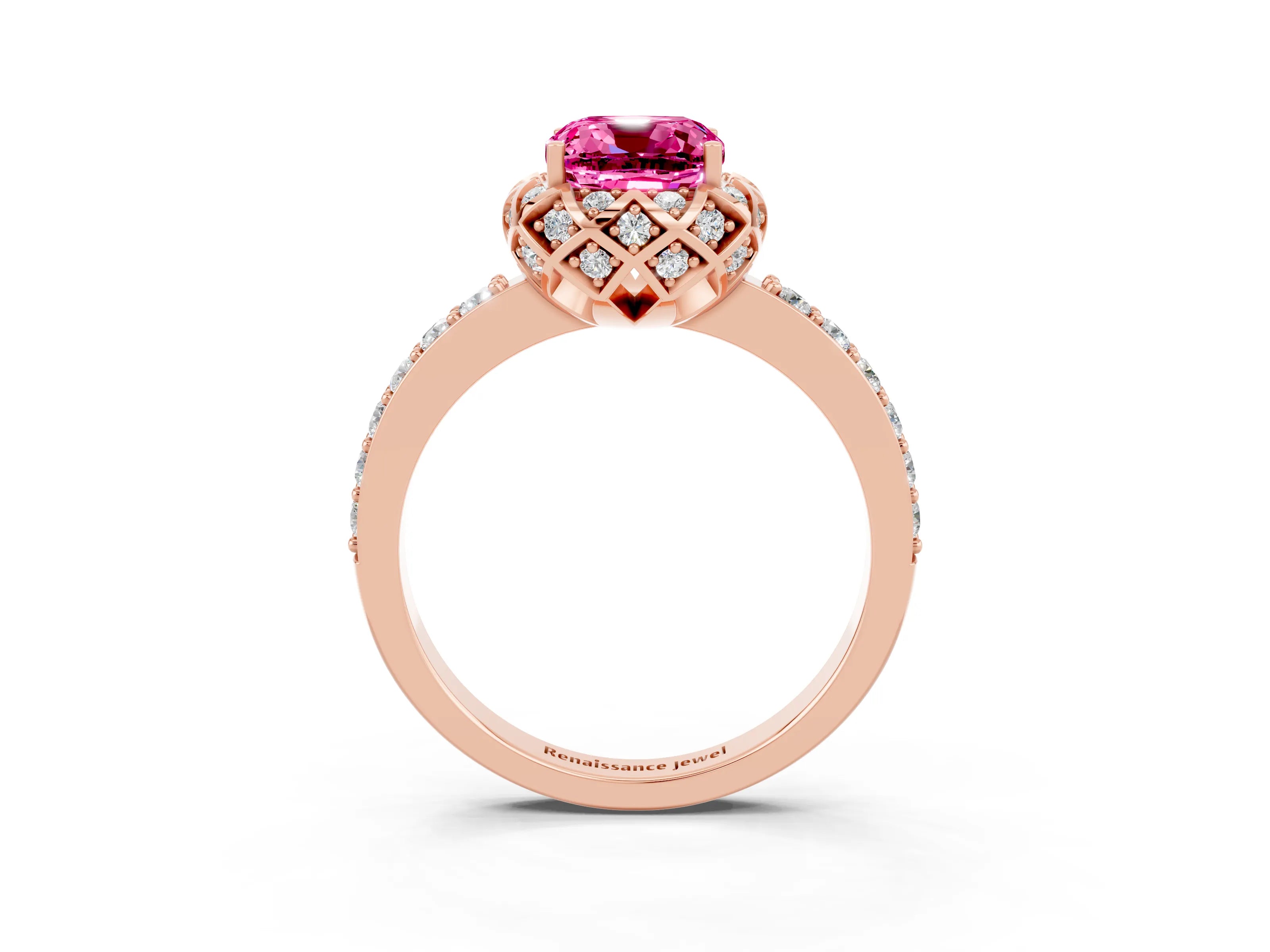 Rose gold Cushion Cut Diamond Solitaire Ring with Shared Prong Pavé Band_3