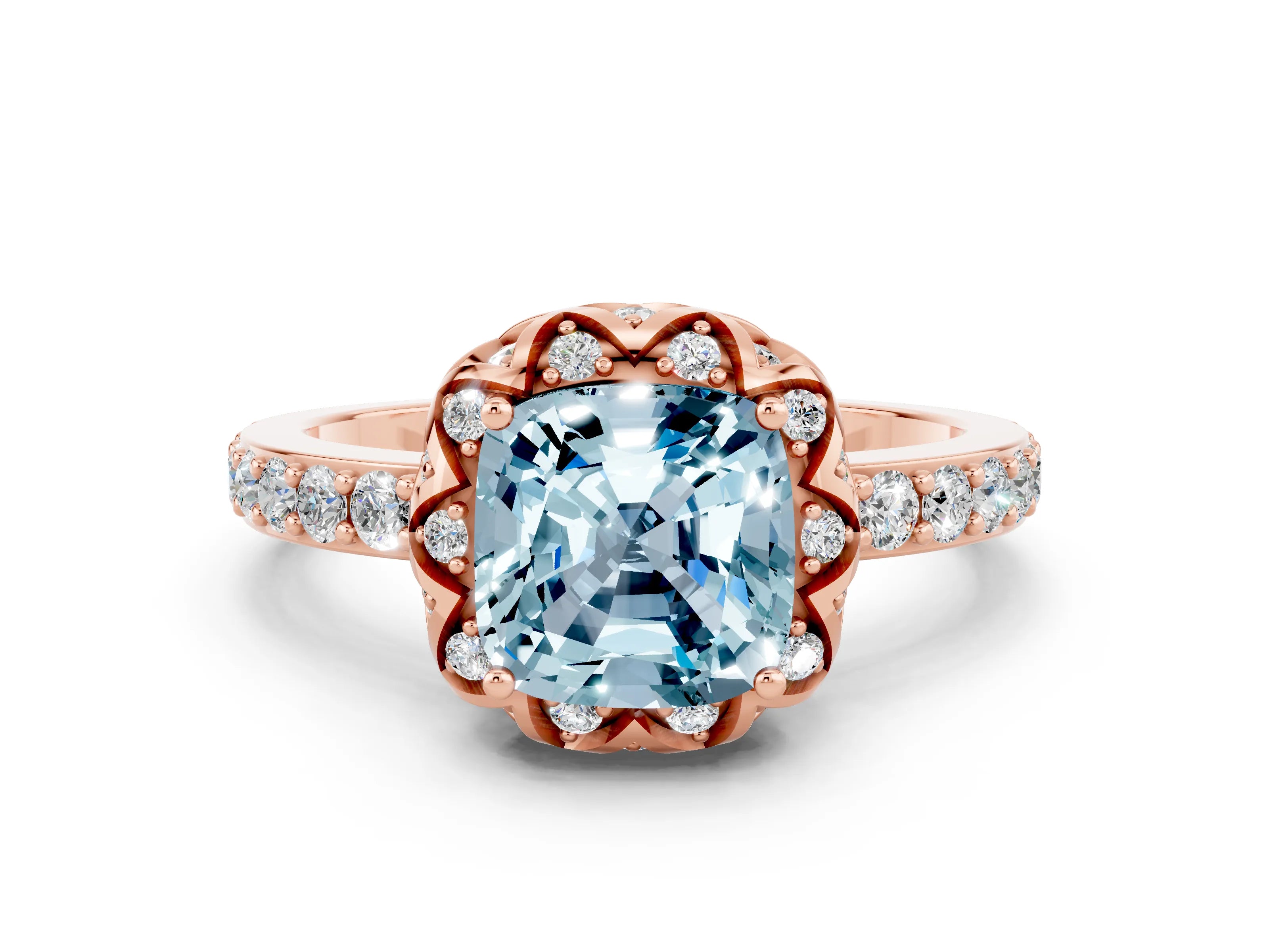 Rose gold Cushion Cut Diamond Solitaire Ring with Shared Prong Pavé Band