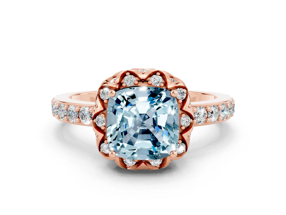 Rose gold Cushion Cut Diamond Solitaire Ring with Shared Prong Pavé Band
