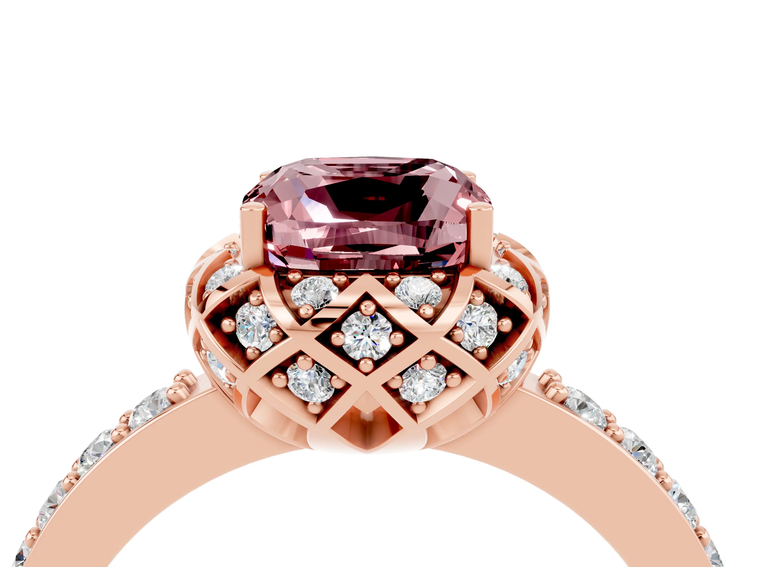 Rose gold Cushion Cut Diamond Solitaire Ring with Shared Prong Pavé Band_4