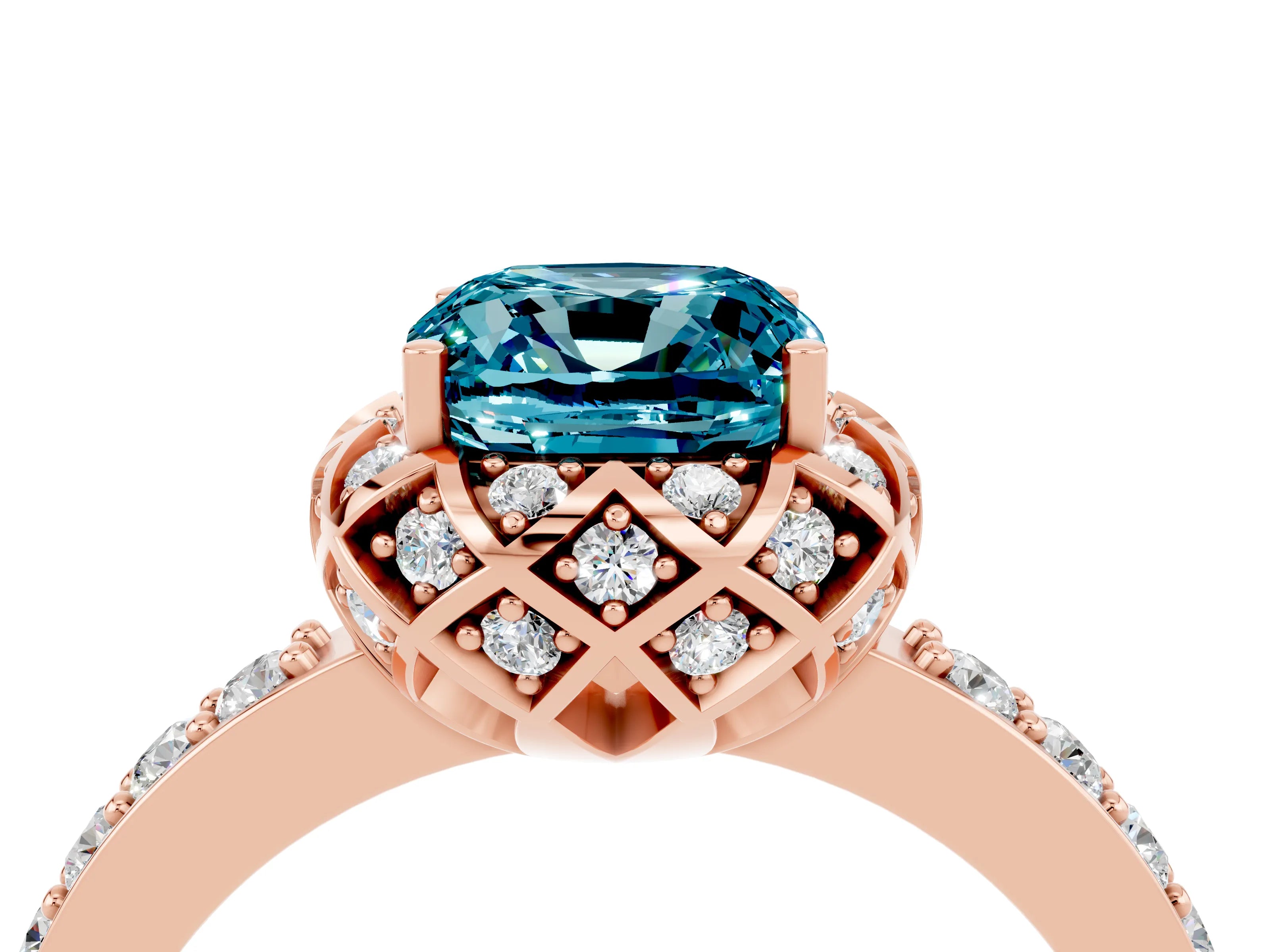 Rose gold Cushion Cut Diamond Solitaire Ring with Shared Prong Pavé Band_4