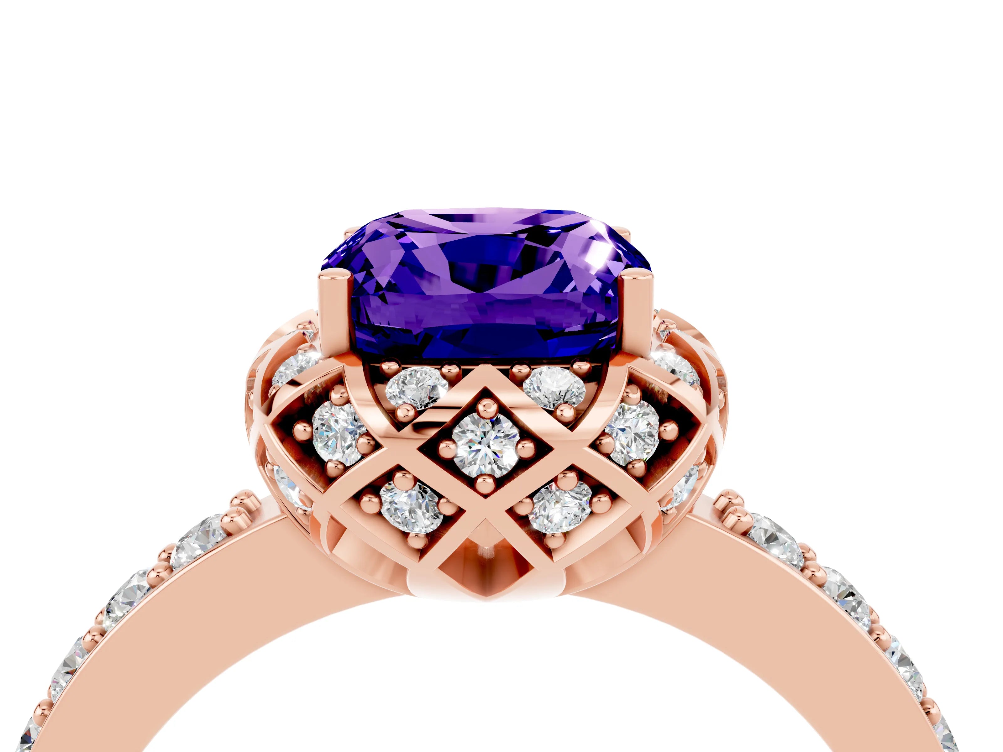 Rose gold Cushion Cut Diamond Solitaire Ring with Shared Prong Pavé Band_4