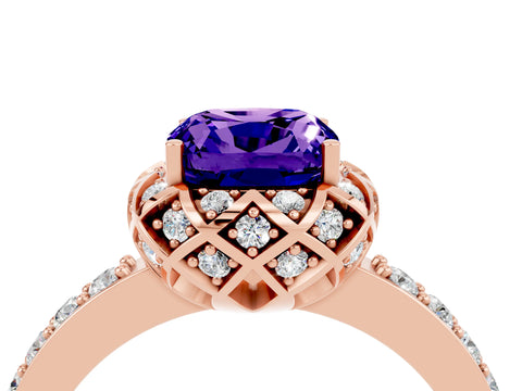 Rose gold Cushion Cut Diamond Solitaire Ring with Shared Prong Pavé Band_4