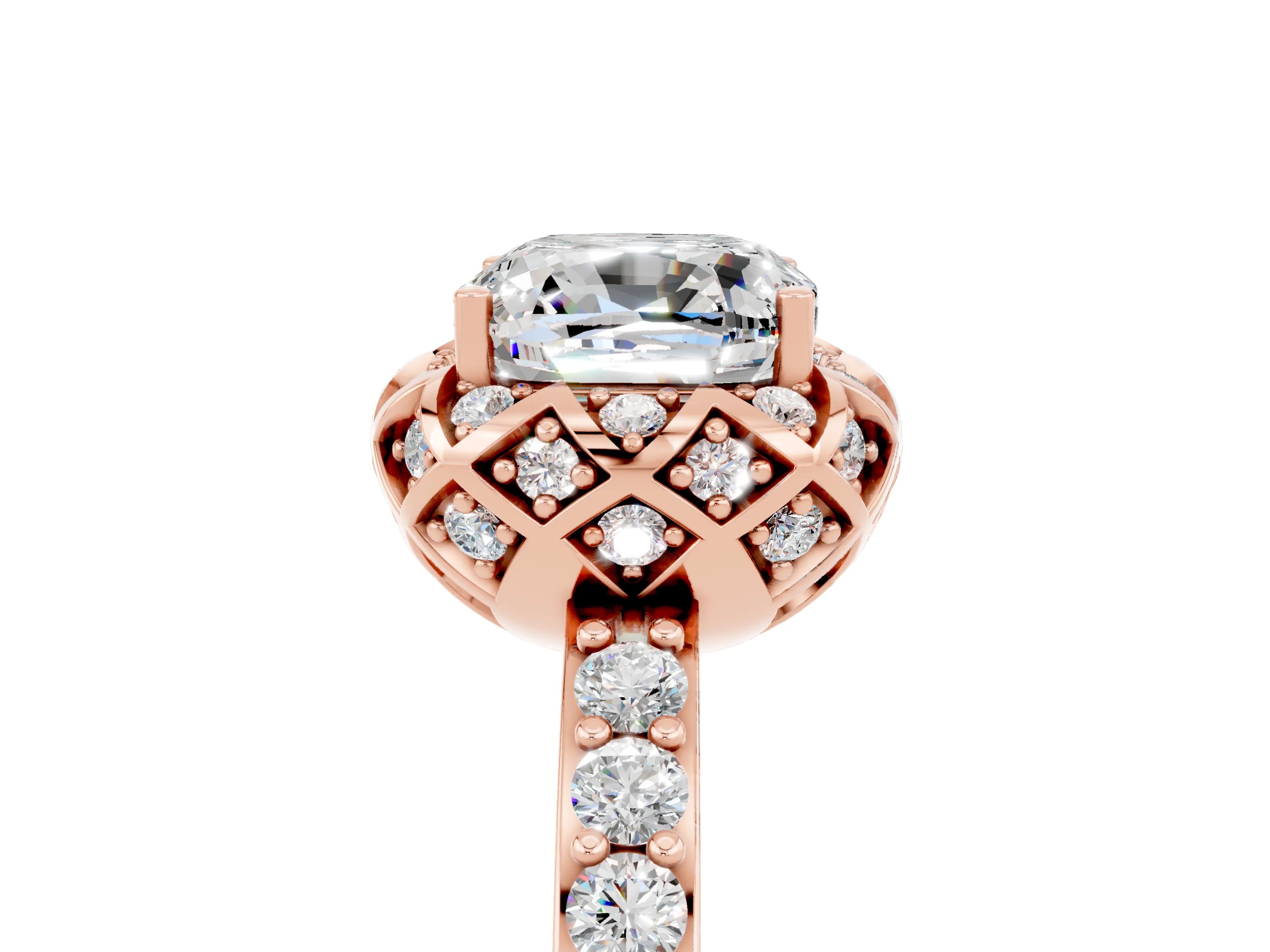 Rose gold Cushion Cut Diamond Solitaire Ring with Shared Prong Pavé Band_5