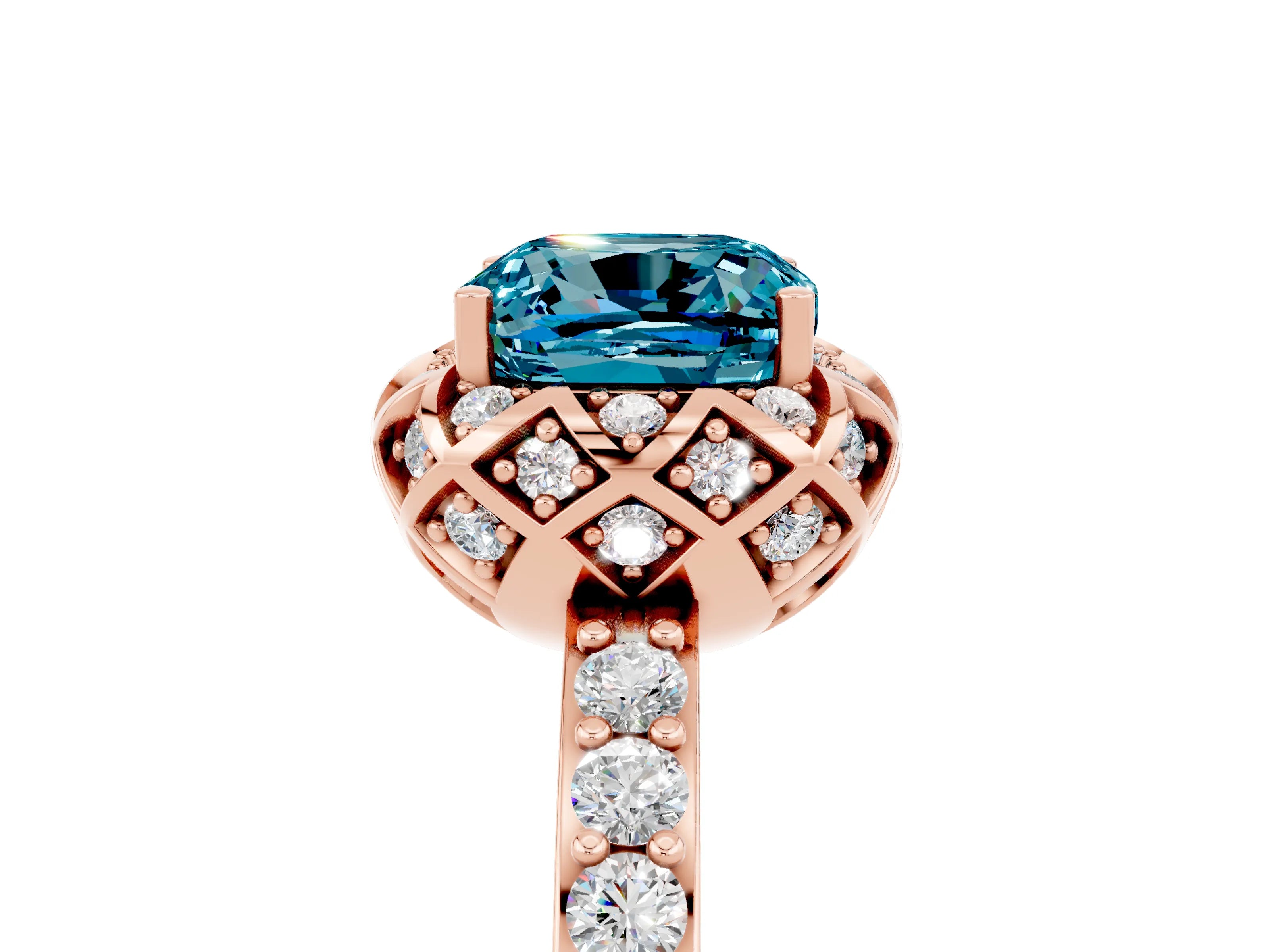 Rose gold Cushion Cut Diamond Solitaire Ring with Shared Prong Pavé Band_5