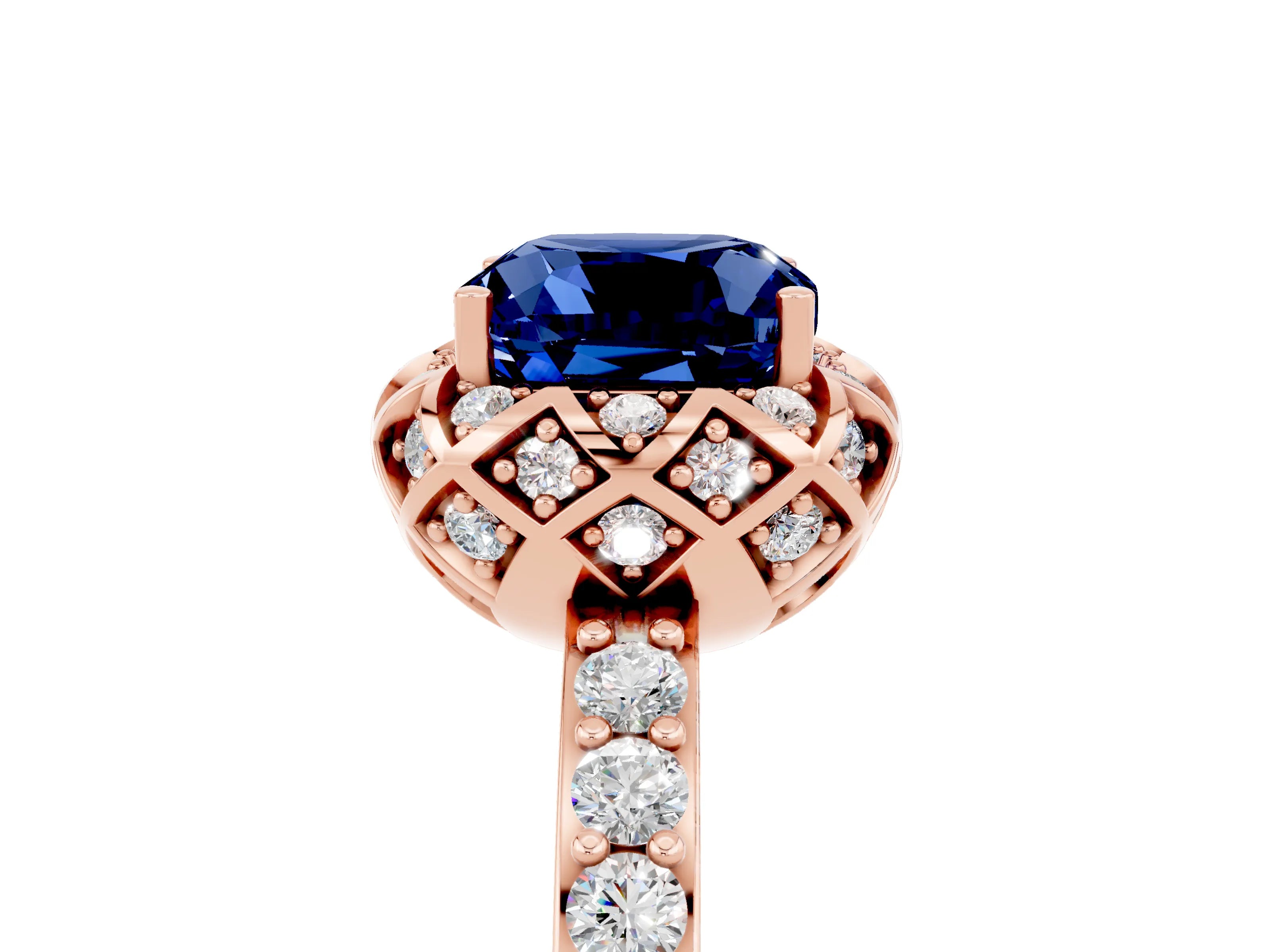 Rose gold Cushion Cut Diamond Solitaire Ring with Shared Prong Pavé Band_5