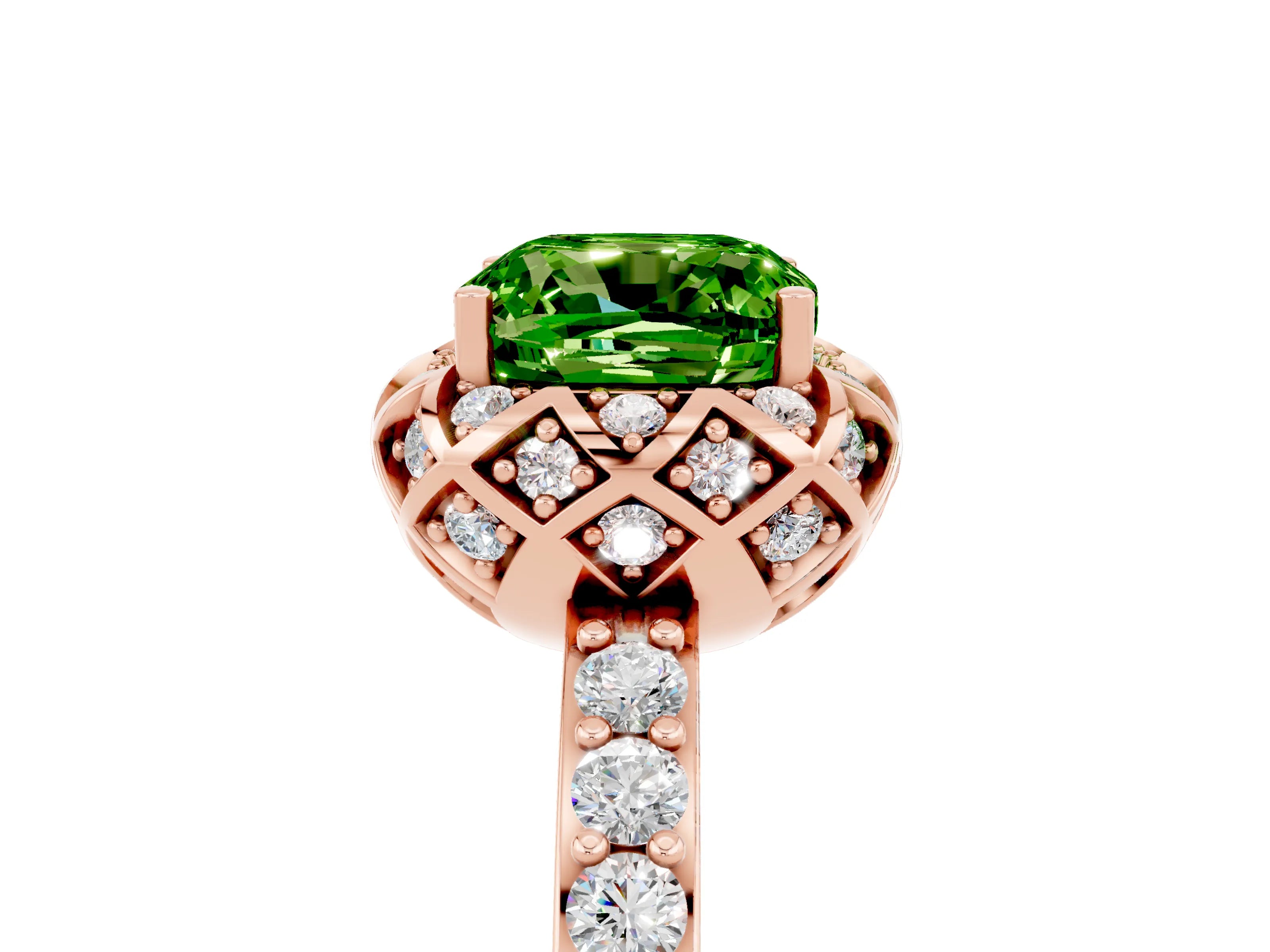 Rose gold Cushion Cut Diamond Solitaire Ring with Shared Prong Pavé Band_5
