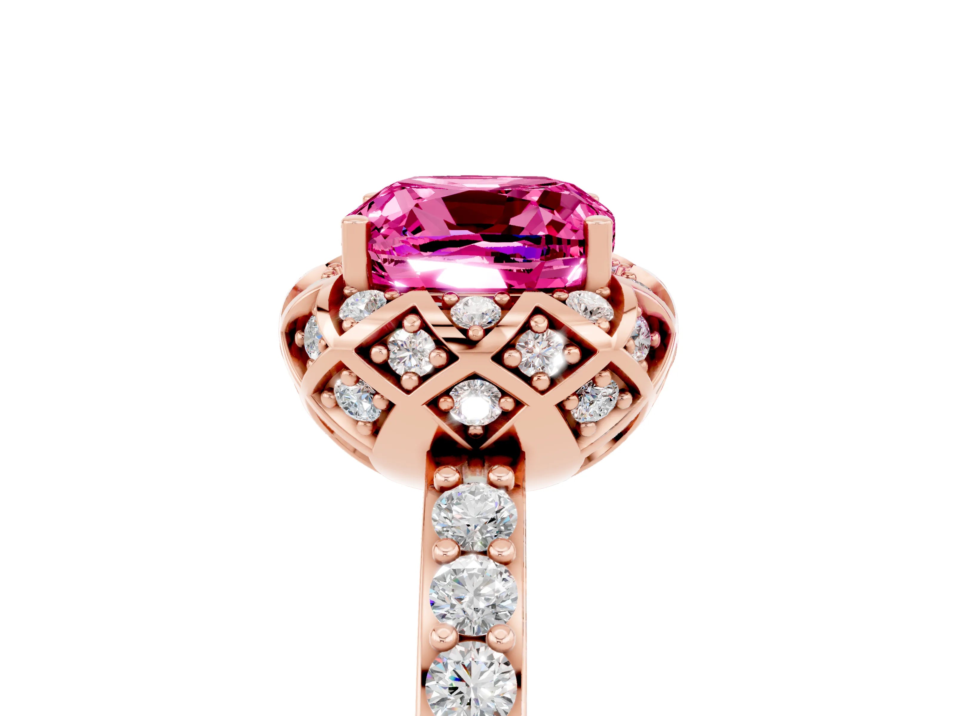 Rose gold Cushion Cut Diamond Solitaire Ring with Shared Prong Pavé Band_5
