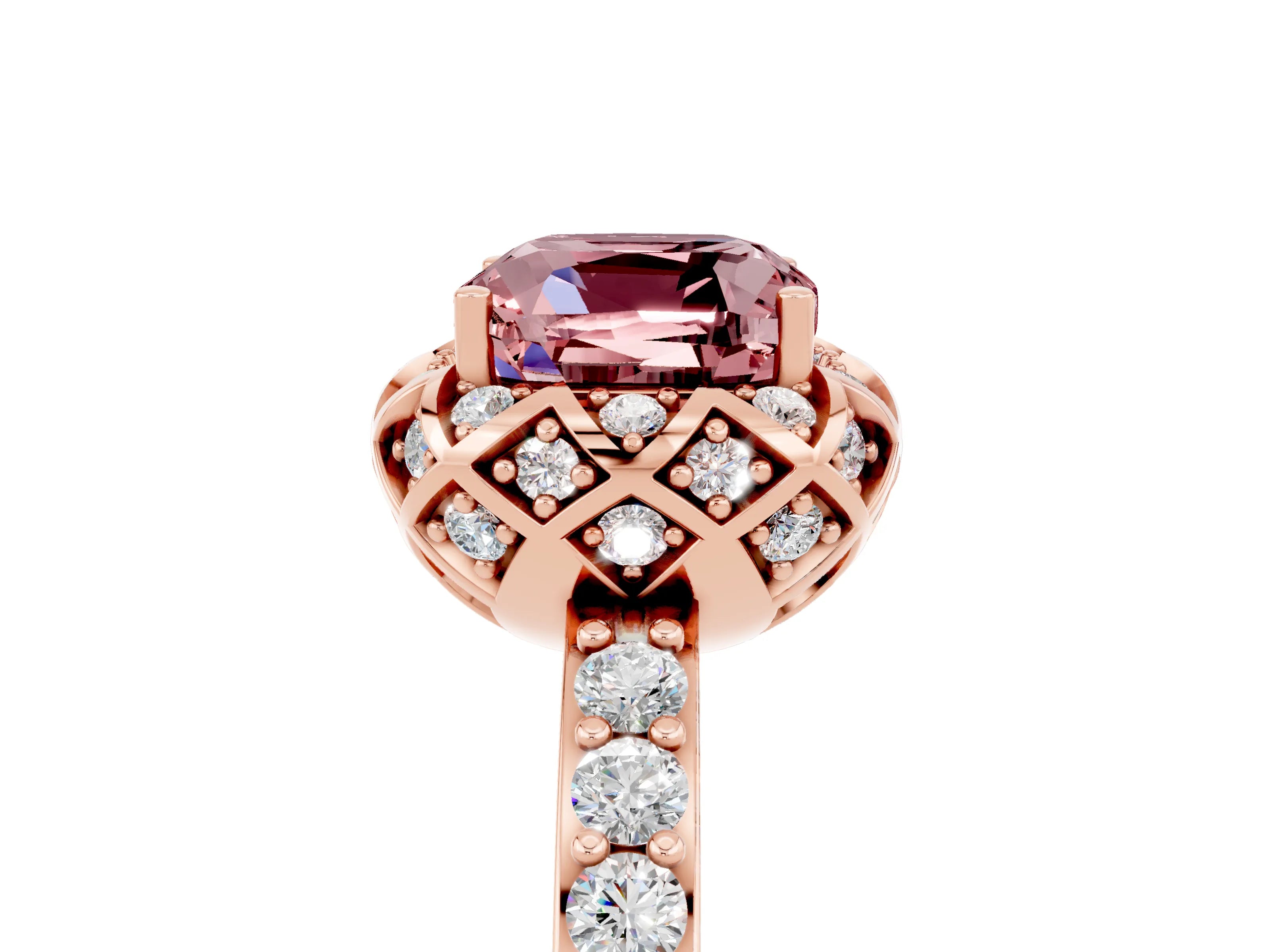 Rose gold Cushion Cut Diamond Solitaire Ring with Shared Prong Pavé Band_5