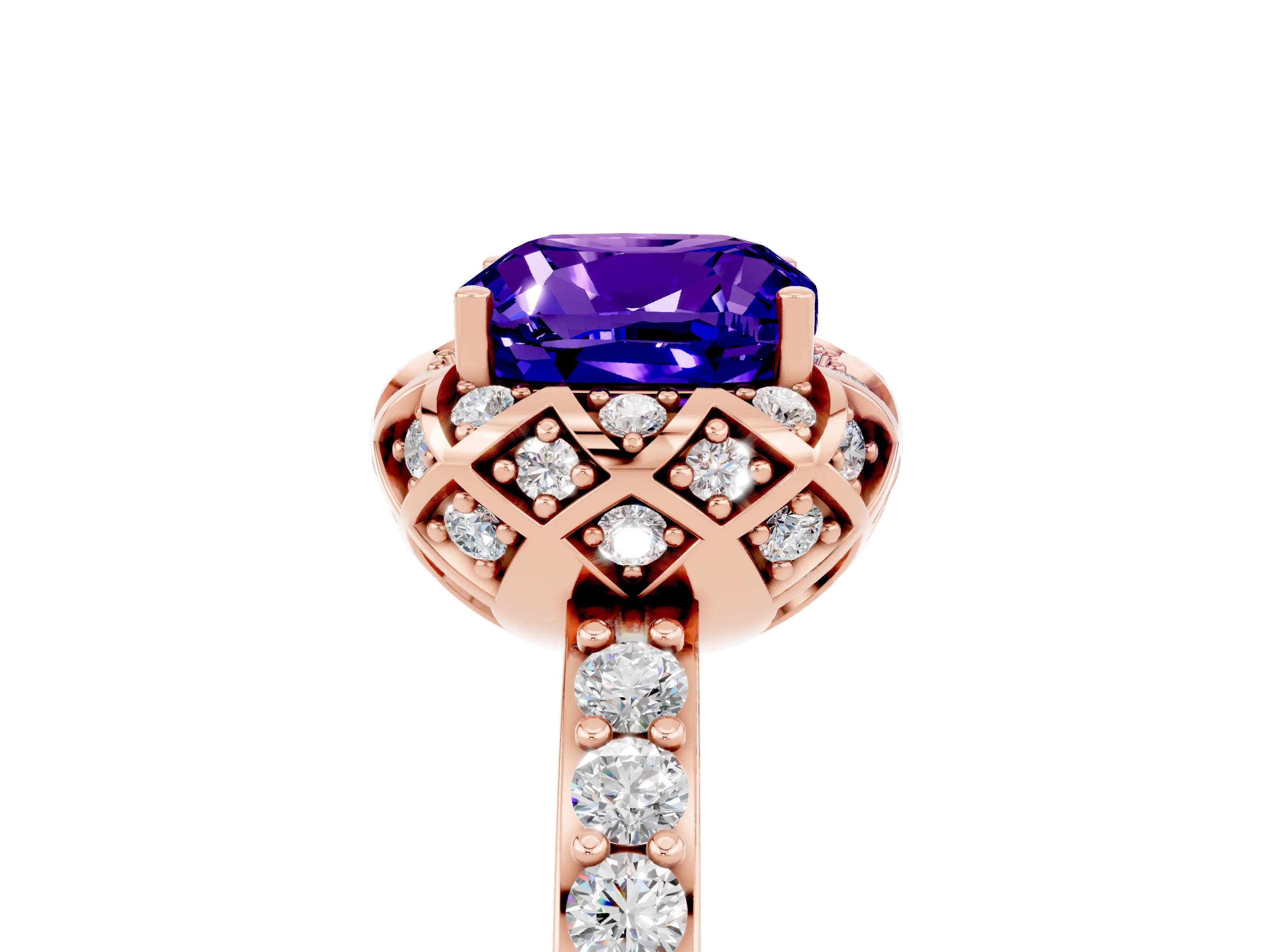 Rose gold Cushion Cut Diamond Solitaire Ring with Shared Prong Pavé Band_5