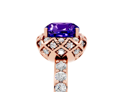 Rose gold Cushion Cut Diamond Solitaire Ring with Shared Prong Pavé Band_5