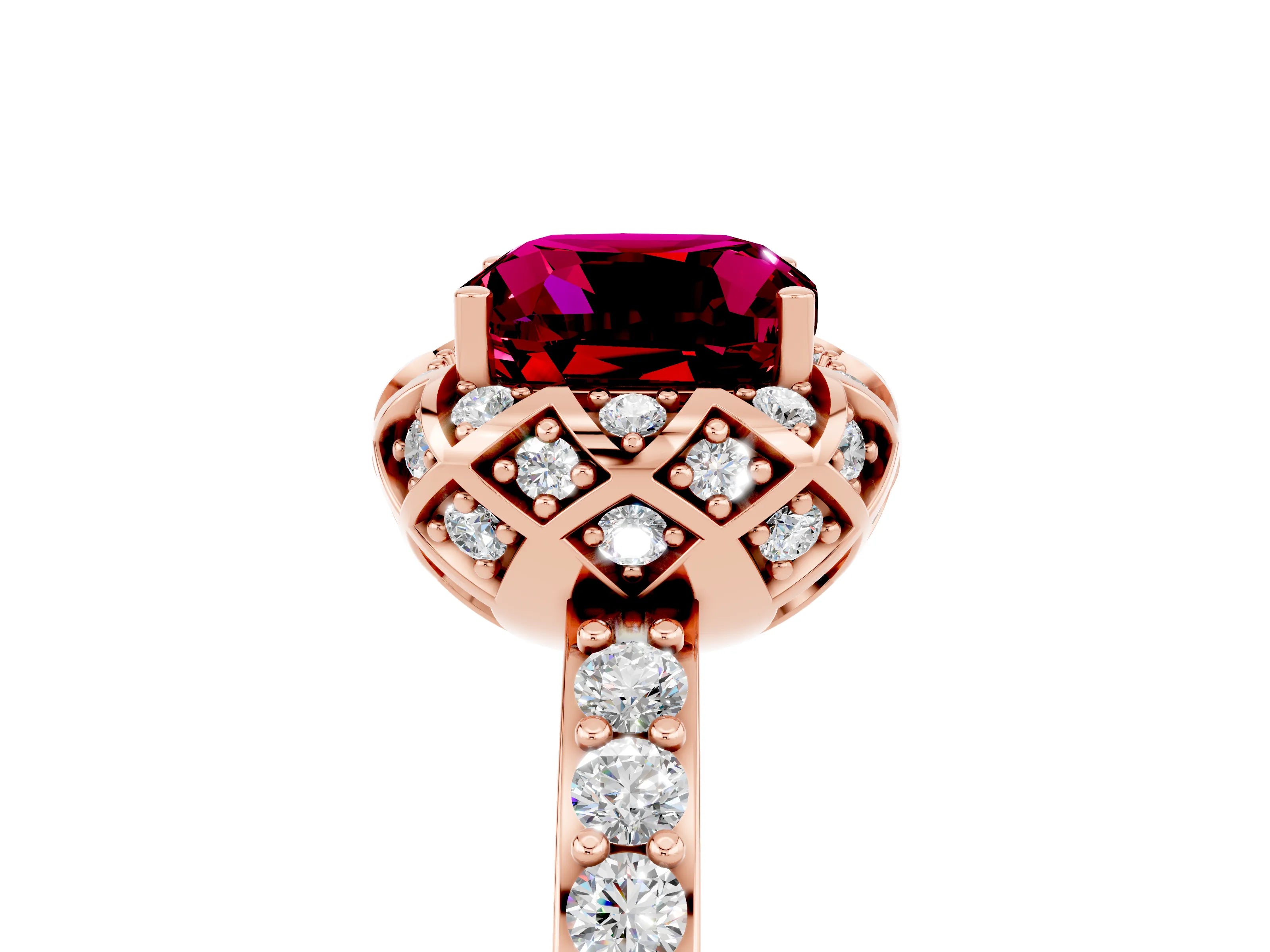 Rose gold Cushion Cut Diamond Solitaire Ring with Shared Prong Pavé Band_5