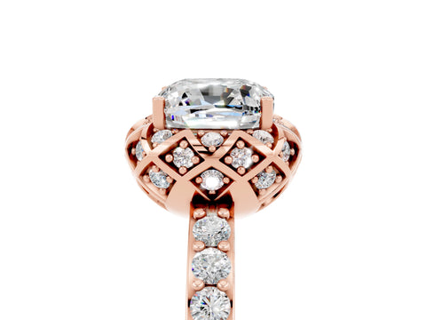 Rose gold Cushion Cut Diamond Solitaire Ring with Shared Prong Pavé Band_5