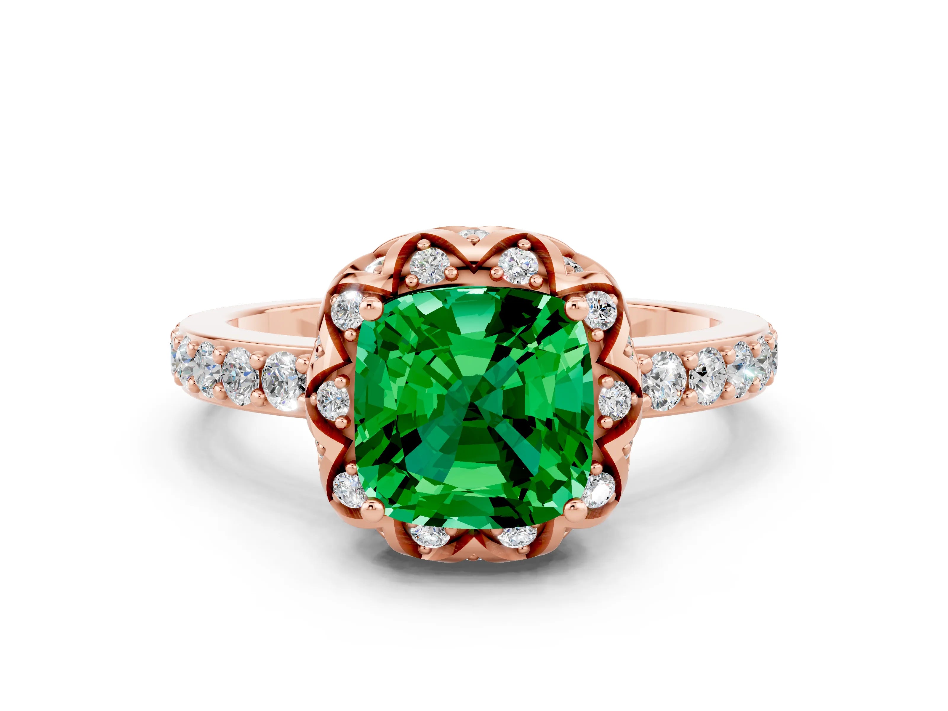 Rose gold Cushion Cut Diamond Solitaire Ring with Shared Prong Pavé Band
