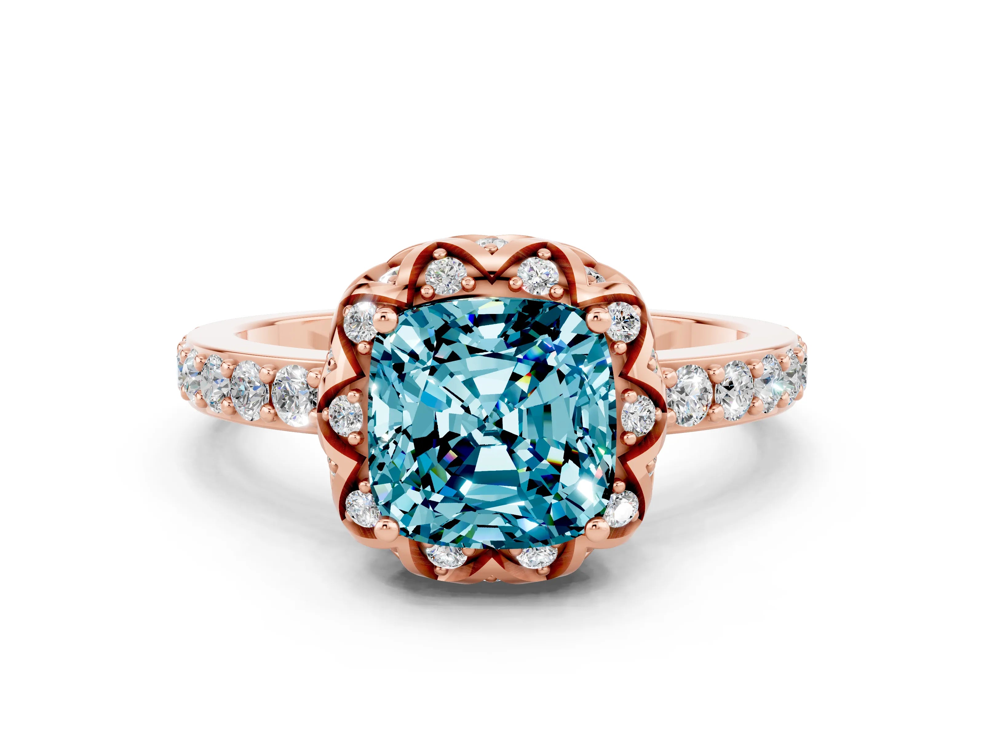 Rose gold Cushion Cut Diamond Solitaire Ring with Shared Prong Pavé Band