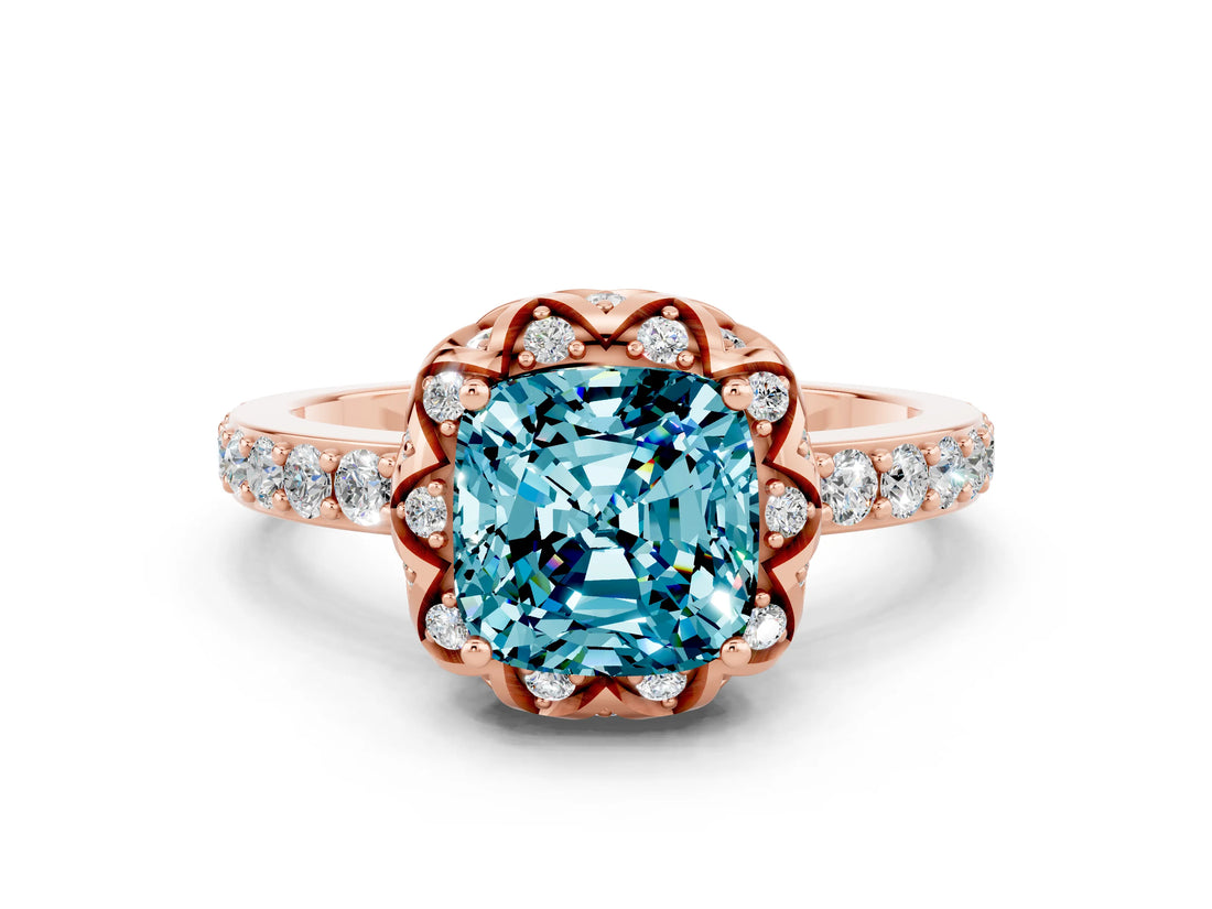 Rose gold Cushion Cut Diamond Solitaire Ring with Shared Prong Pavé Band