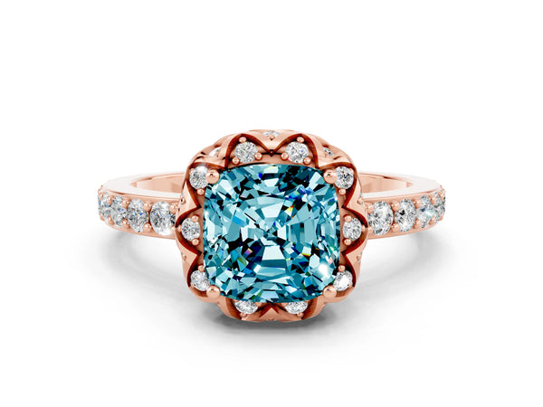 Rose gold Cushion Cut Diamond Solitaire Ring with Shared Prong Pavé Band
