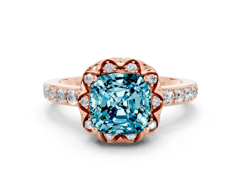 Rose gold Cushion Cut Diamond Solitaire Ring with Shared Prong Pavé Band