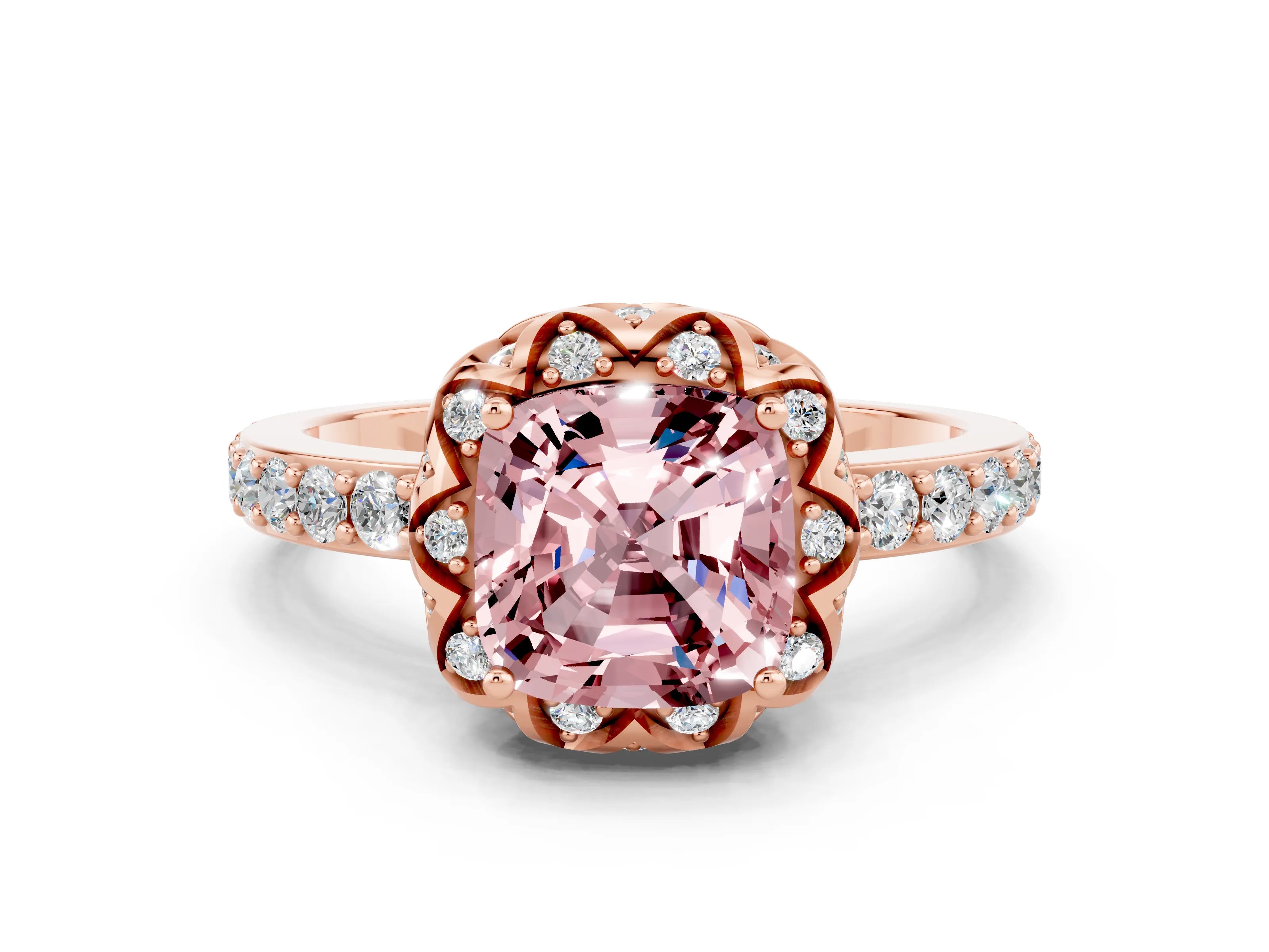 Rose gold Cushion Cut Diamond Solitaire Ring with Shared Prong Pavé Band