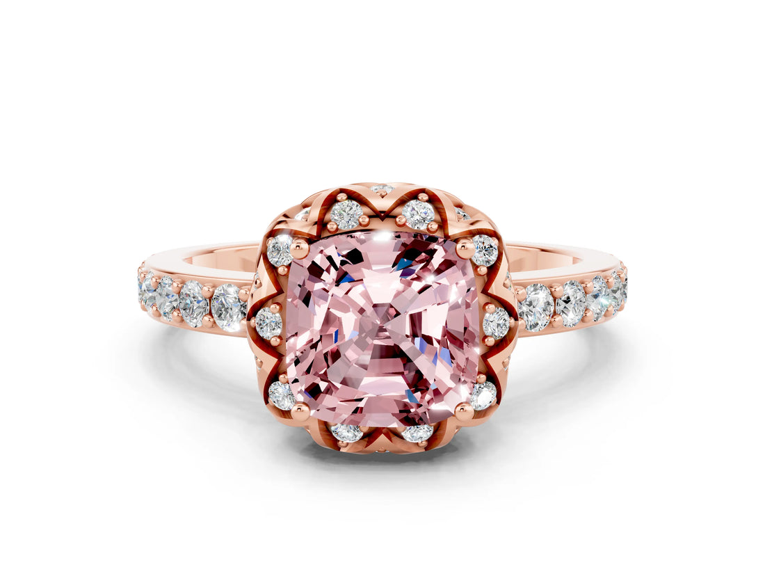 Rose gold Cushion Cut Diamond Solitaire Ring with Shared Prong Pavé Band