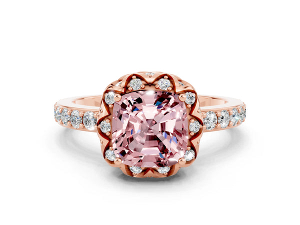 Rose gold Cushion Cut Diamond Solitaire Ring with Shared Prong Pavé Band