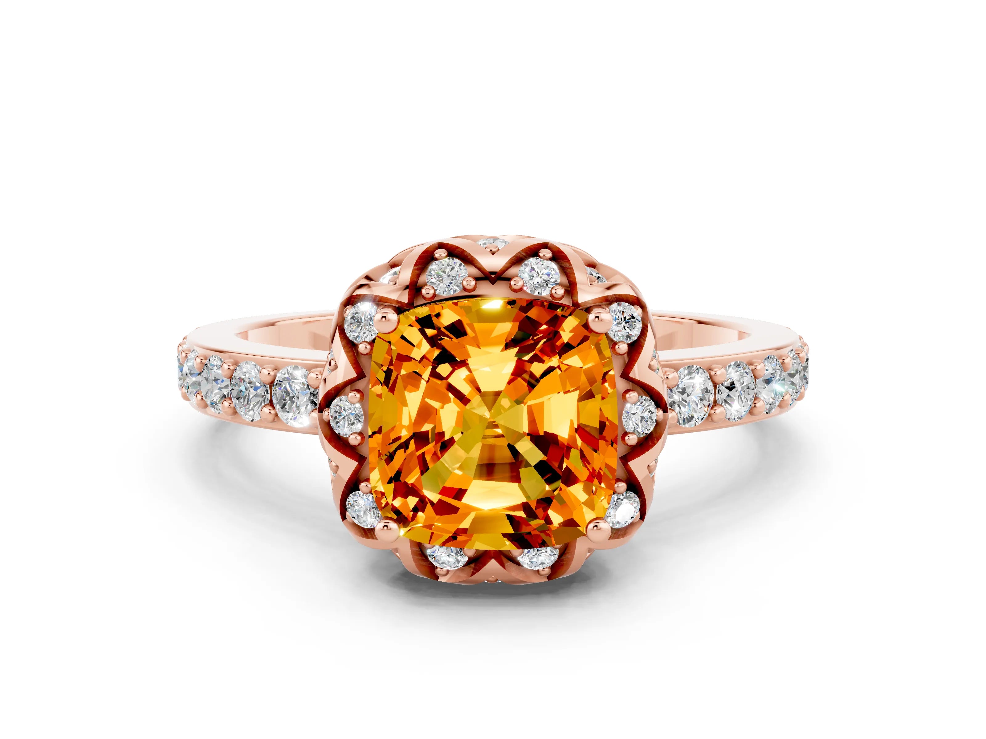 Rose gold Cushion Cut Diamond Solitaire Ring with Shared Prong Pavé Band