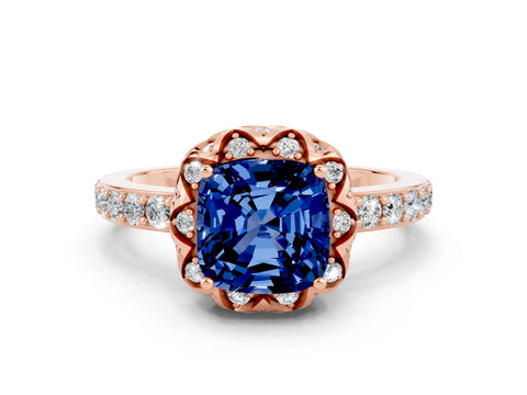 Rose gold Cushion Cut Diamond Solitaire Ring with Shared Prong Pavé Band