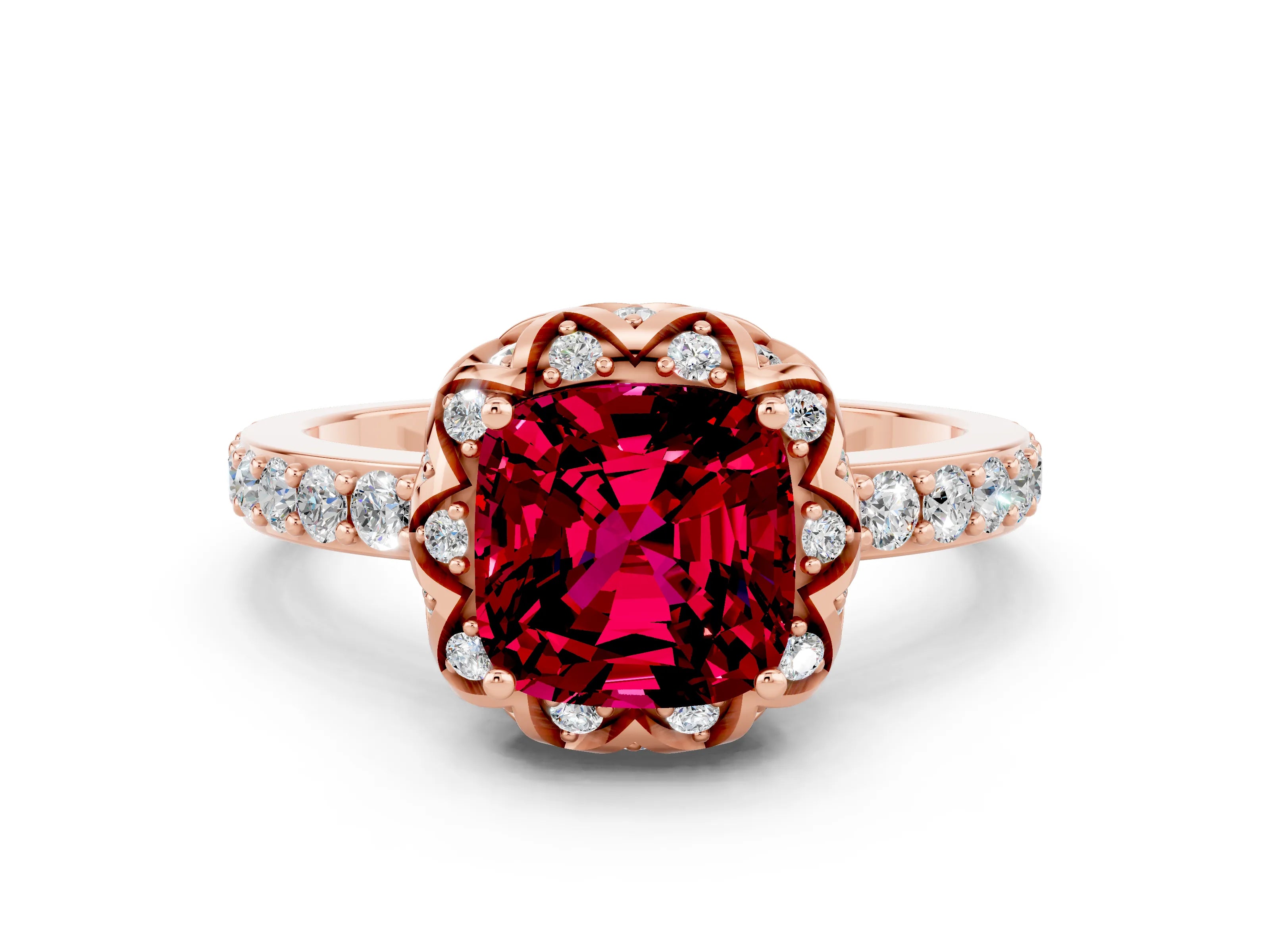 Rose gold Cushion Cut Diamond Solitaire Ring with Shared Prong Pavé Band