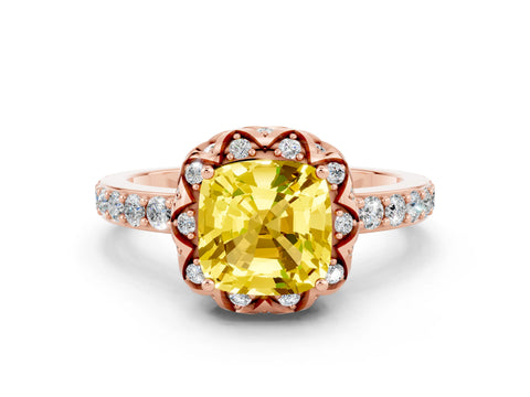 Rose gold Cushion Cut Diamond Solitaire Ring with Shared Prong Pavé Band