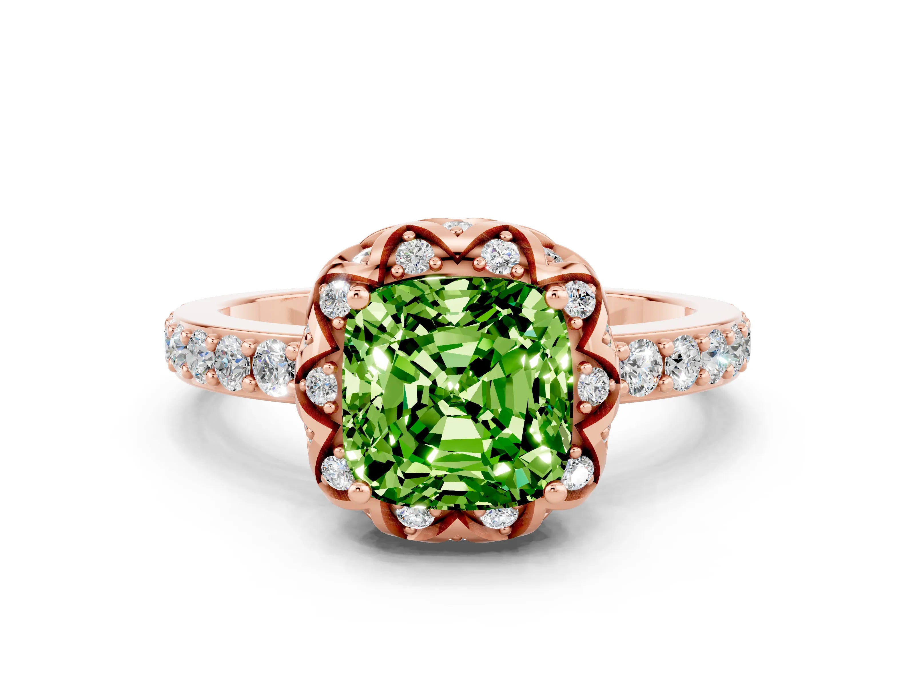 Rose gold Cushion Cut Diamond Solitaire Ring with Shared Prong Pavé Band