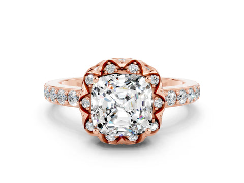 Rose gold Cushion Cut Diamond Solitaire Ring with Shared Prong Pavé Band
