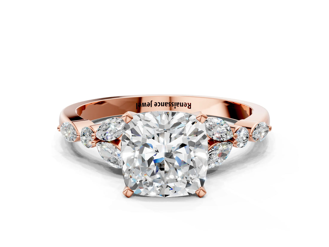 Rose gold Cushion Cut Diamond Solitaire Ring with Side Stones and Four-Prong Setting_46