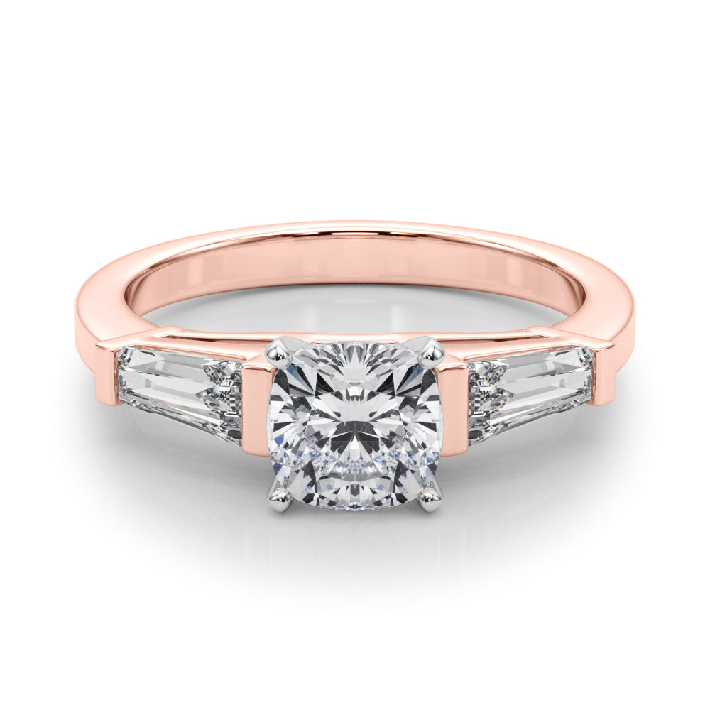 Rose gold Cushion Cut Diamond Solitaire Ring with Tapered Baguette Accents and Four-Prong Setting 1