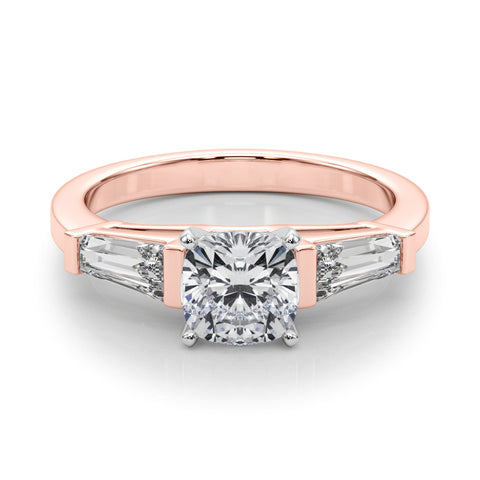 Rose gold Cushion Cut Diamond Solitaire Ring with Tapered Baguette Accents and Four-Prong Setting 1