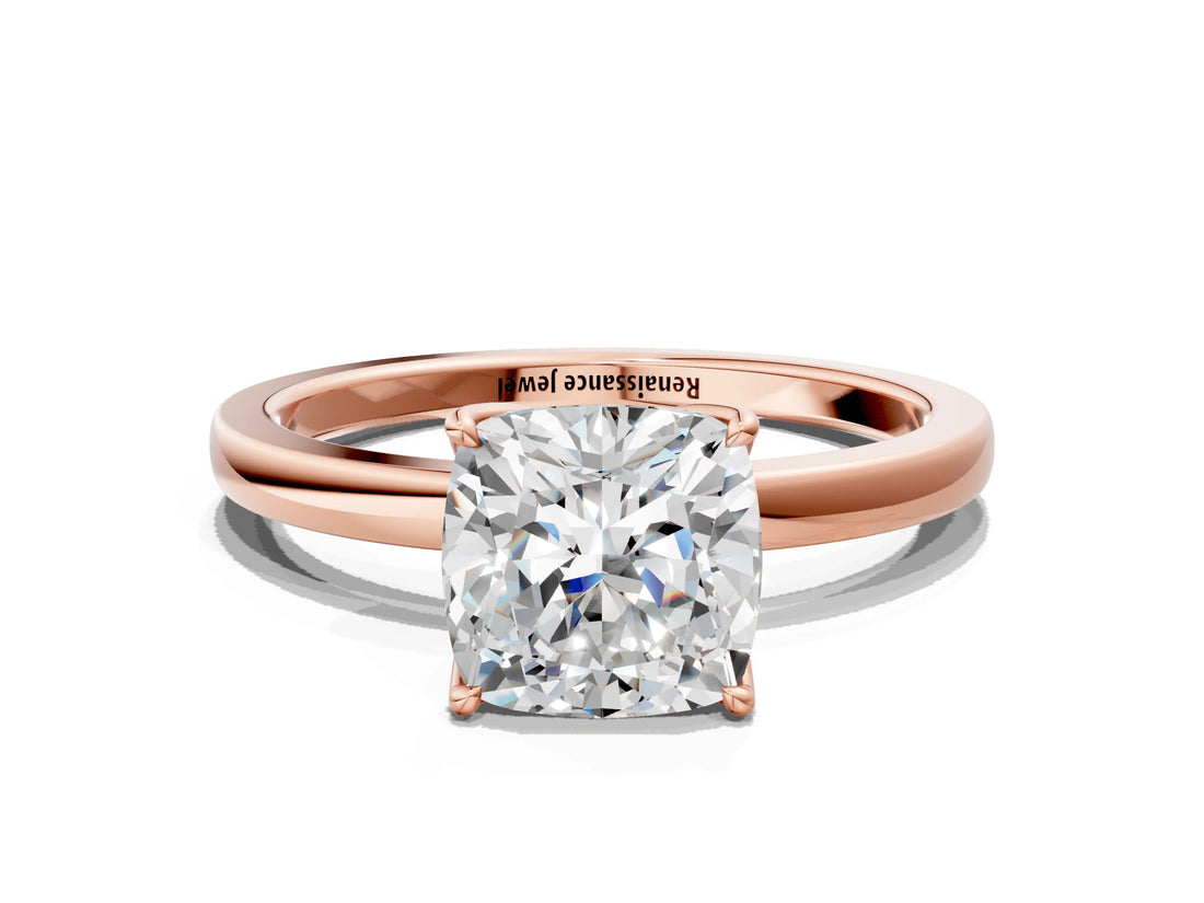 Rose gold Cushion Cut Diamond Solitaire Ring with Thin Band and Prong Setting_12