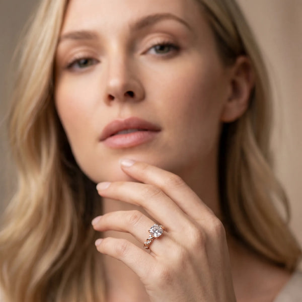 Rose gold Cushion Cut Diamond Solitaire Ring with Twisted Band and Pavé Accents