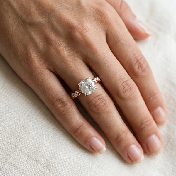 Rose gold Cushion Cut Diamond Solitaire Ring with Twisted Band and Pavé Accents