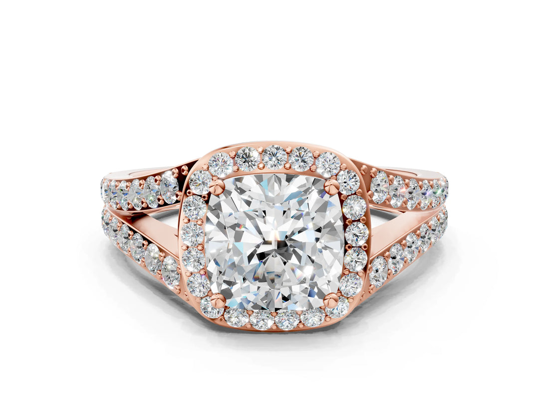 Rose gold Cushion Cut Diamond Split Shank Halo Ring with Four-Prong Setting_58