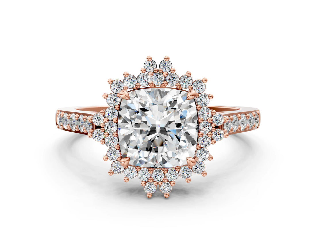 Rose gold Cushion Cut Diamond Sunburst Halo Engagement Ring with Pavé Band_6