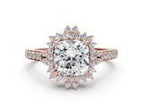 Rose gold Cushion Cut Diamond Sunburst Halo Engagement Ring with Pavé Band_6