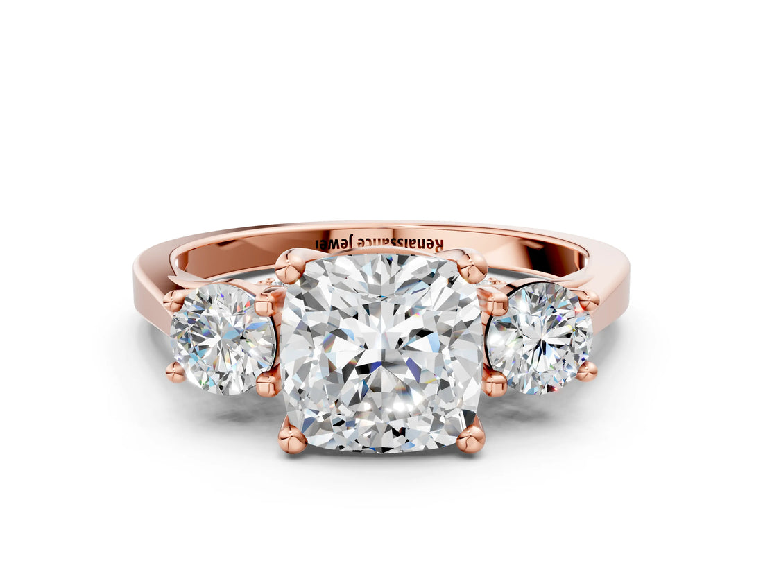 Rose gold Cushion Cut Diamond Three-Stone Engagement Ring with Prong Setting and Pavé Band_15