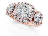 Rose gold Cushion Cut Diamond Three-Stone Halo Ring with Prong Setting and Pavé Accents_10
