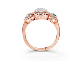 Rose gold Cushion Cut Diamond Three-Stone Halo Ring with Prong Setting and Pavé Accents_12