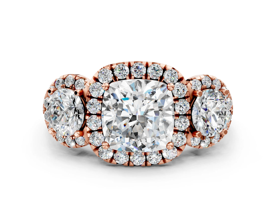 Rose gold Cushion Cut Diamond Three-Stone Halo Ring with Prong Setting and Pavé Accents_9