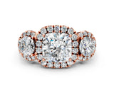 Rose gold Cushion Cut Diamond Three-Stone Halo Ring with Prong Setting and Pavé Accents_9