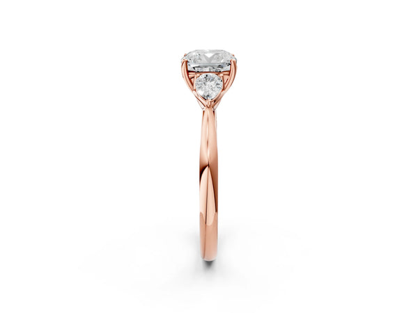Rose Gold Cushion Cut Three Stone Engagement Ring Setting with Pear Side Stones