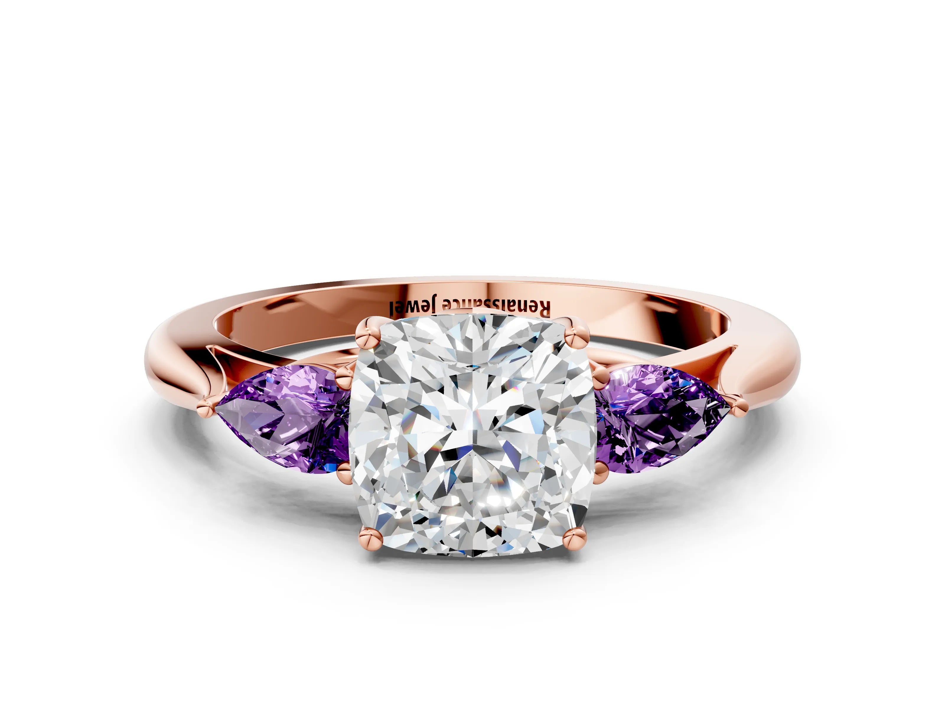 Rose gold Cushion Cut Diamond Three-Stone Ring with Pear with Amethyst side stone Side Stones and Prong Setting